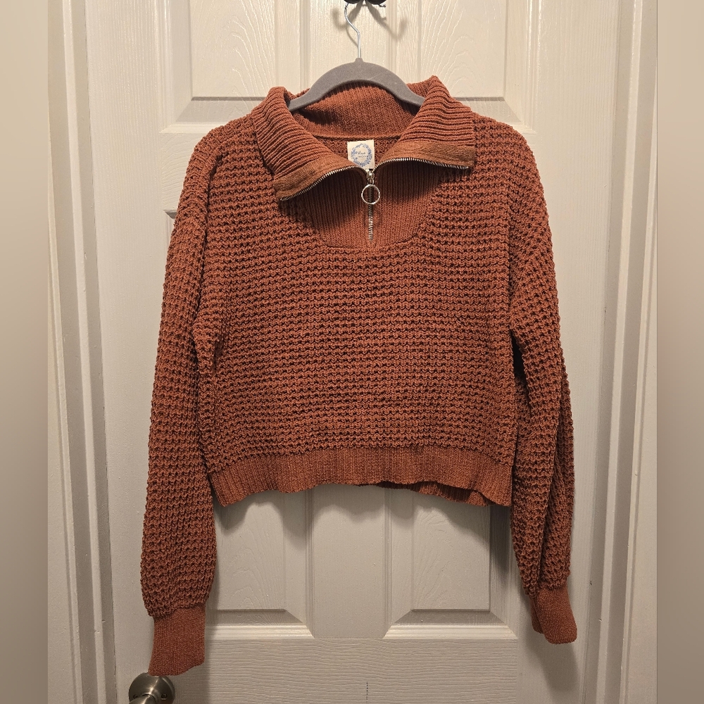 Brown Knit Sweater with Zipper